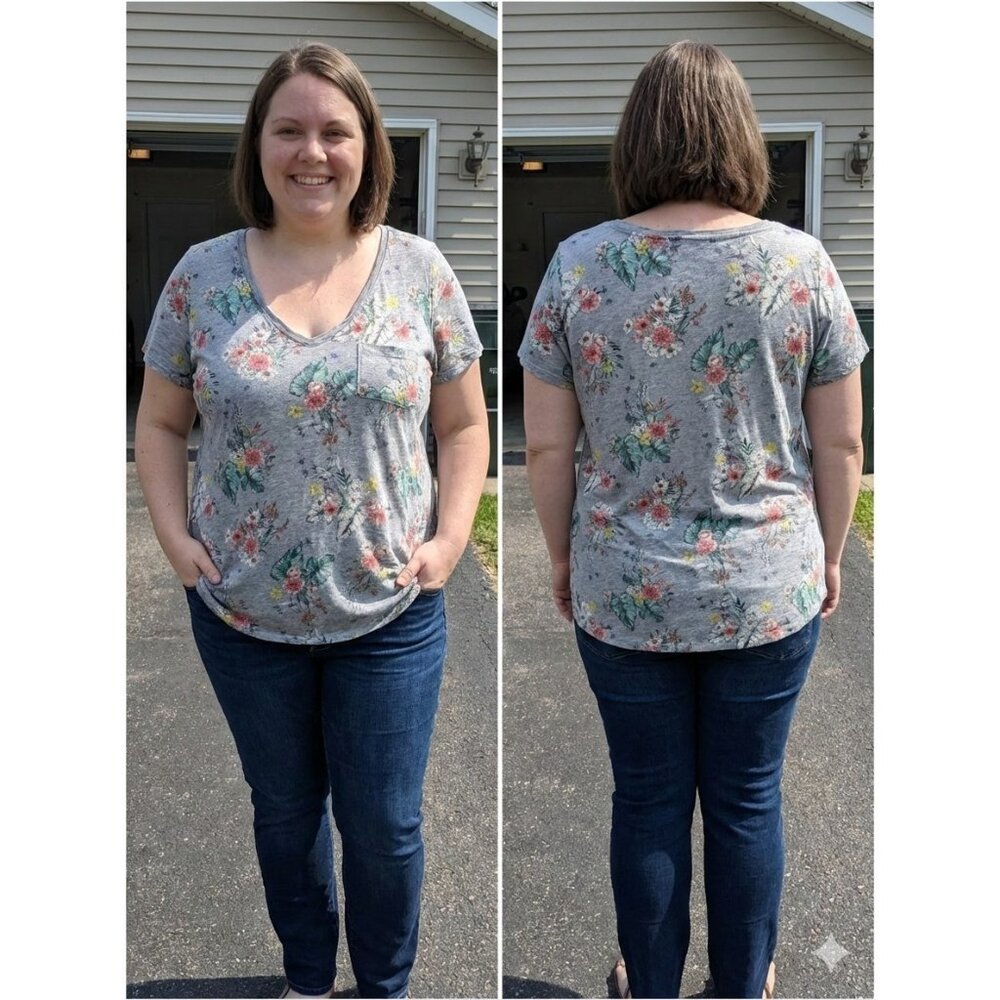 Torrid Size 2 Plus Grey Floral V-Neck Pocket T-Shirt Cotton Modal Short sleeve